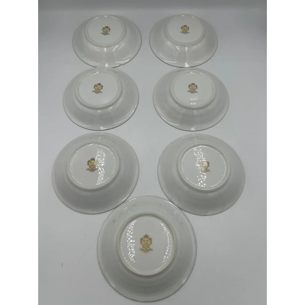 Seyei Bella Maria 2129 Fine China Fruit Bowls Set of 7 Japan Pink Rose Blue Rim‎